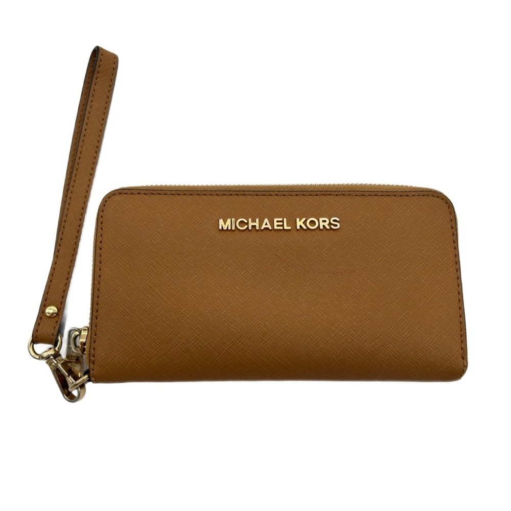 Michael Kors Leather Wristlet Wallet Brown Zip Around 4x7